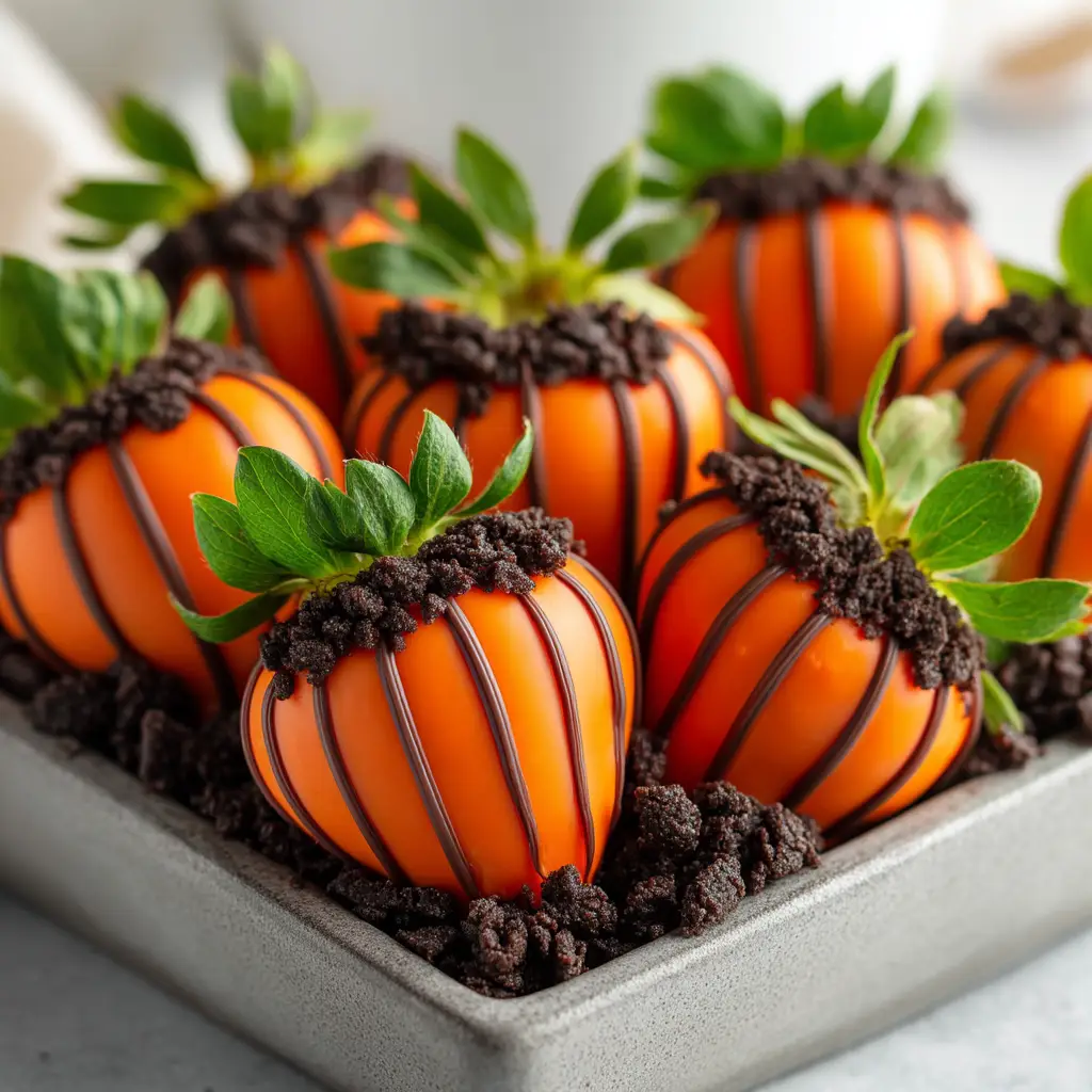 A tray of chocolate-covered strawberries decorated to look like pumpkins for a fall-themed dessert. The vibrant orange and green toppings are clearly visible.