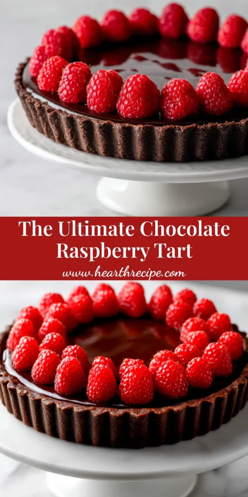 A beautiful overhead shot of the complete chocolate raspberry tart recipe, showcasing the glossy ganache and fresh raspberry topping. The tart is ready to be sliced and served.
