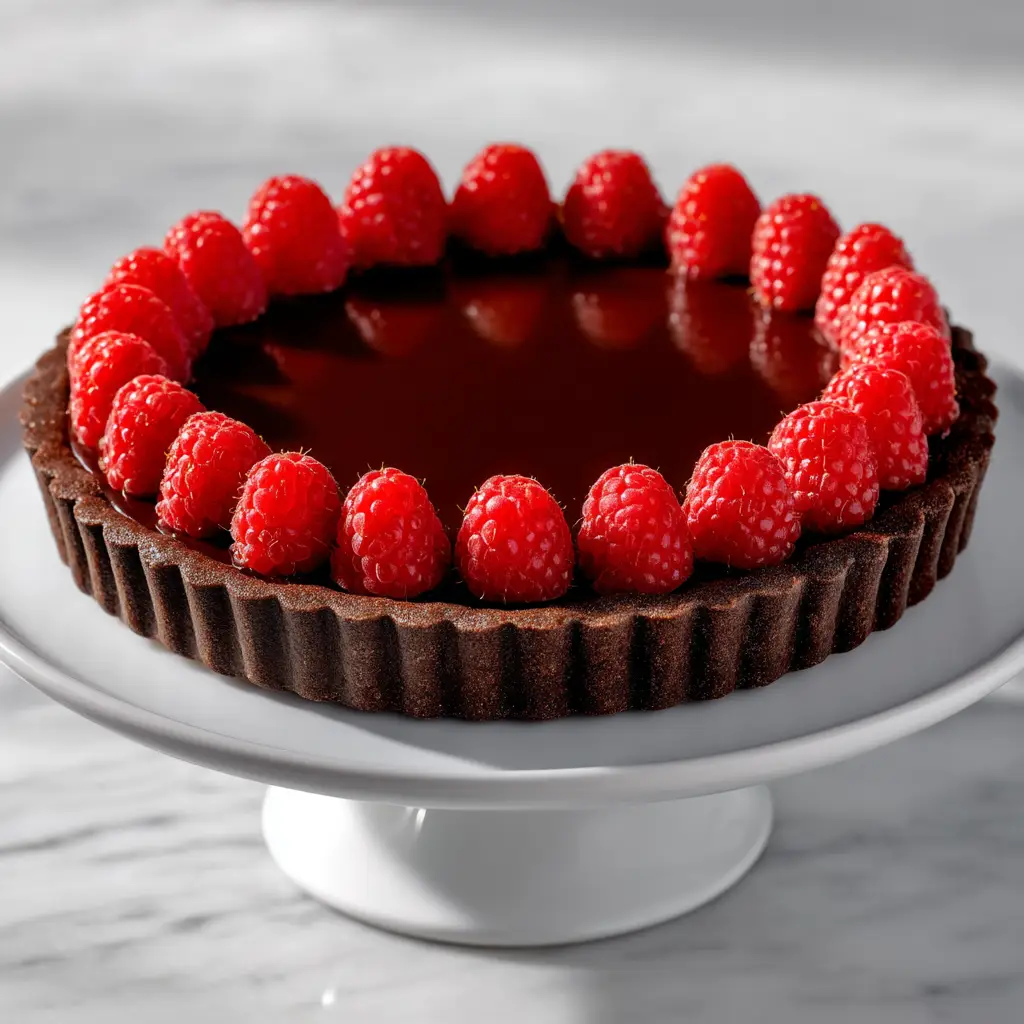 A close-up shot of a single slice of the chocolate raspberry tart on a plate. The distinct layers of the chocolate crust, silky ganache, and fresh raspberries are clearly visible.