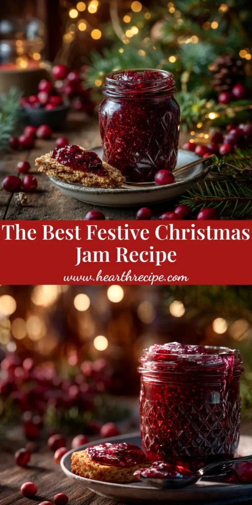 A jar of vibrant red Christmas jam recipe, tied with a festive ribbon, perfect for a homemade holiday gift. The jam is spread on a scone, showcasing its delicious texture.
