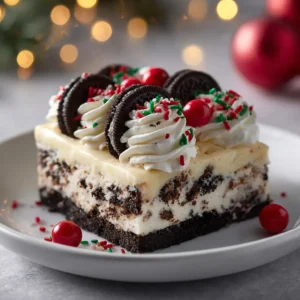 A perfectly cut square slice of Christmas Oreo dessert lasagna on a white plate, garnished with festive red and green sprinkles.