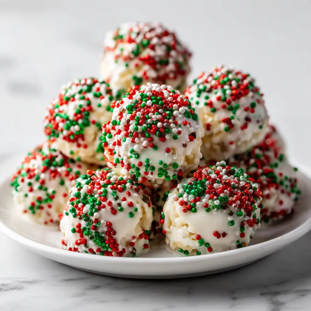 A single Christmas Rice Krispie Treat shaped like a tree, decorated with colorful sprinkles as ornaments on a white plate.