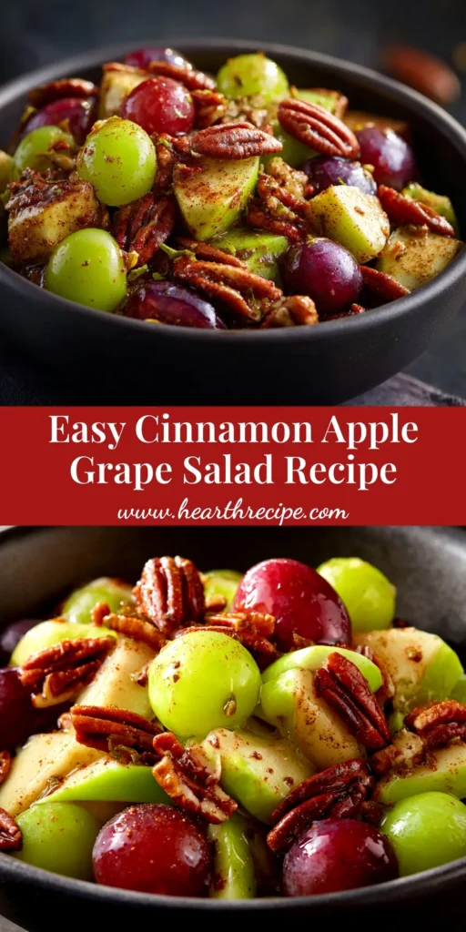 A large white bowl filled with creamy Cinnamon Apple Grape Salad, topped with toasted pecans and a sprinkle of cinnamon, ready to be served.