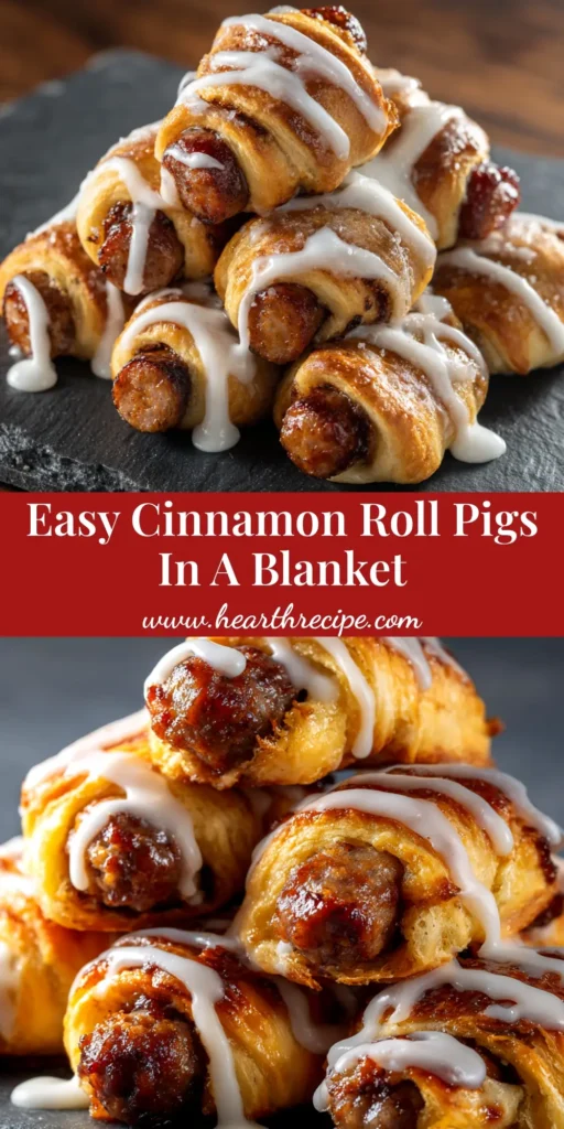 A top-down view of freshly baked Cinnamon Roll Pigs in a Blanket in a round baking dish, drizzled with white icing.