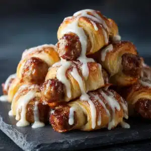 A close-up shot of several golden-brown cinnamon roll sausage rolls, showing the flaky texture of the dough.