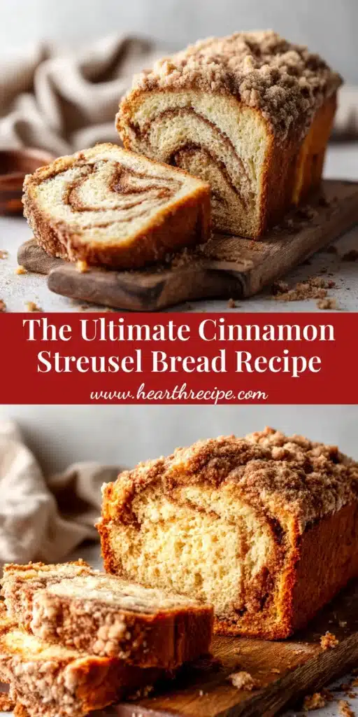 A beautiful hero shot of a sliced loaf of homemade cinnamon streusel bread, revealing the intricate cinnamon swirl inside, with a crumbly topping.