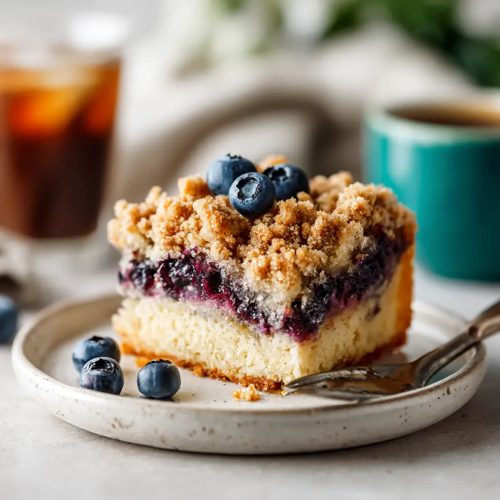 The crunchy cinnamon streusel topping on the blueberry coffee cake, shown in the baking pan. The golden-brown, crumbly texture is clearly visible.