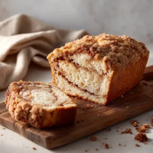A close-up shot of the crunchy streusel topping on the cinnamon swirl bread before it is sliced.