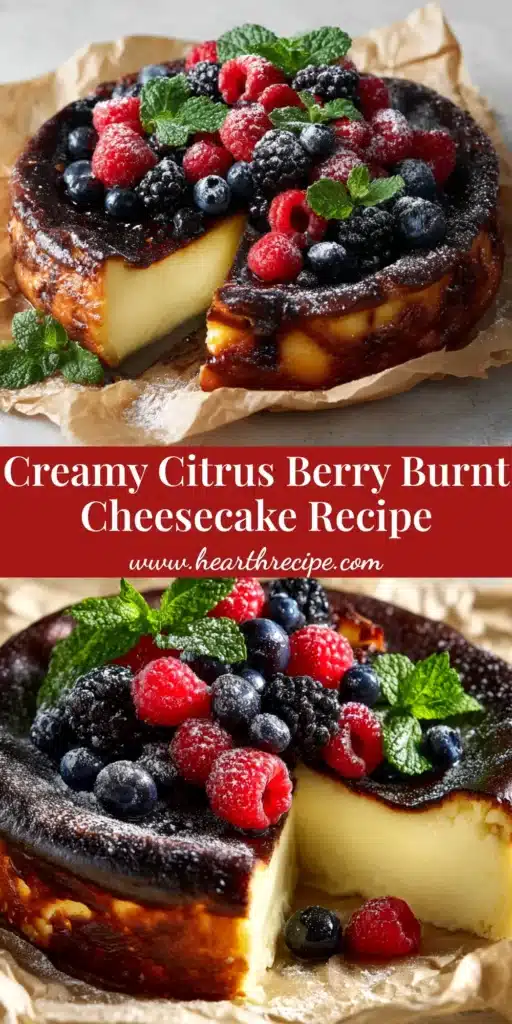 A slice of Citrus Berry Burnt Cheesecake on a plate, showing a creamy center and a dark, caramelized top, garnished with fresh berries.