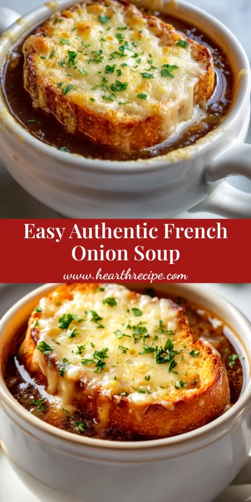 A close-up shot of a classic French Onion Soup in a ceramic bowl, featuring a perfectly golden-brown, bubbly Gruyère cheese topping over a toasted crouton.