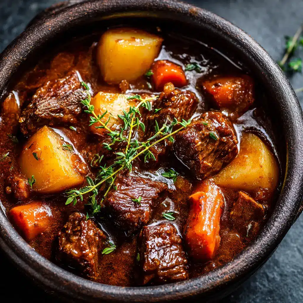 A close-up shot of a spoonful of beef stew, highlighting the fork-tender beef and rich texture of the gravy. Shows how to make beef stew perfectly.