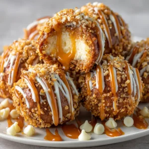 A close-up shot of creamy cheesecake balls being rolled in a bowl of crushed pretzels before being chilled.