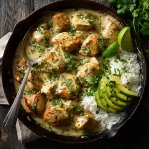 A close-up view of a bowl filled with the coconut chicken recipe, served over white rice and garnished with fresh herbs.