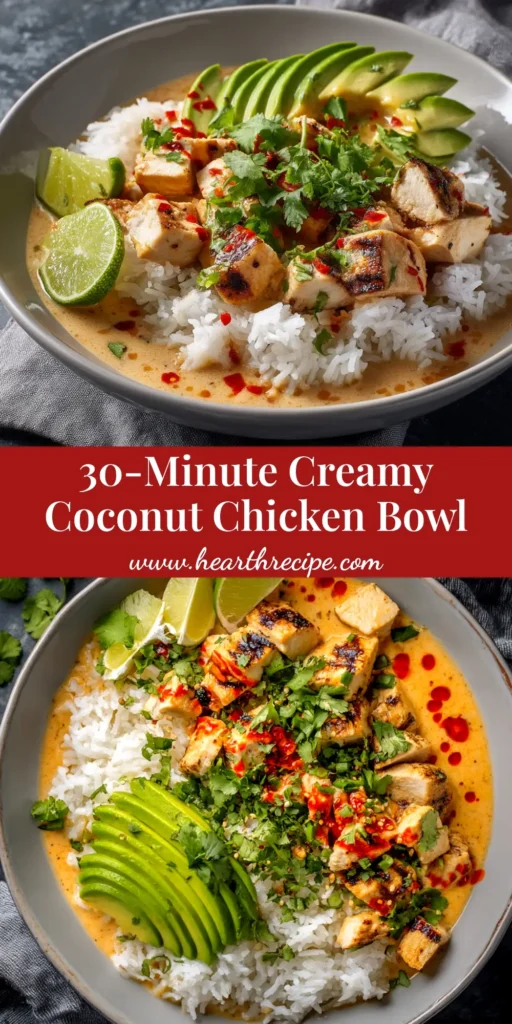 A delicious and creamy coconut chicken rice bowl in a white bowl, topped with fresh cilantro and lime wedges, perfect for an easy weeknight dinner.