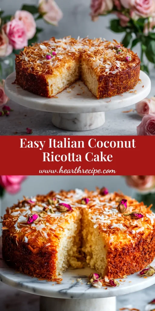 A beautiful overhead shot of a whole Coconut Ricotta Cake, drizzled with a white glaze and sprinkled with toasted coconut flakes, ready to be served.