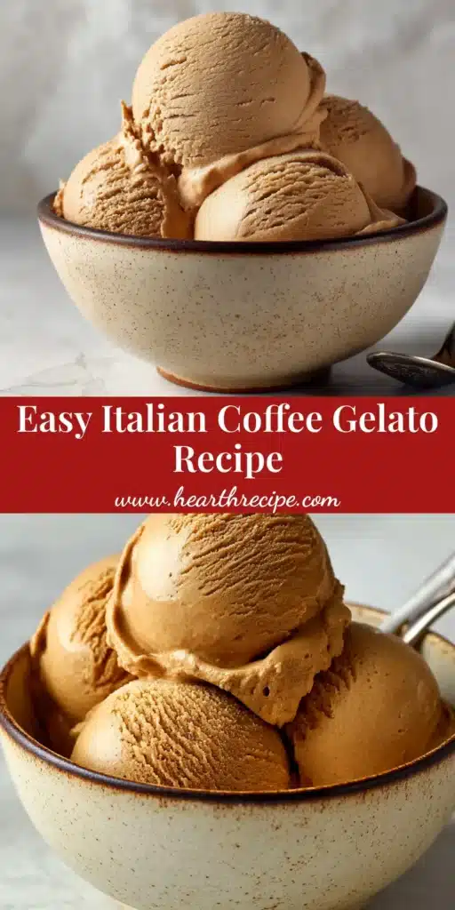 Coffee Gelato Recipe (Authentic & Creamy) 4 A tall glass dish filled with scoops of creamy, homemade coffee gelato, with a text overlay for the Coffee Gelato Recipe.