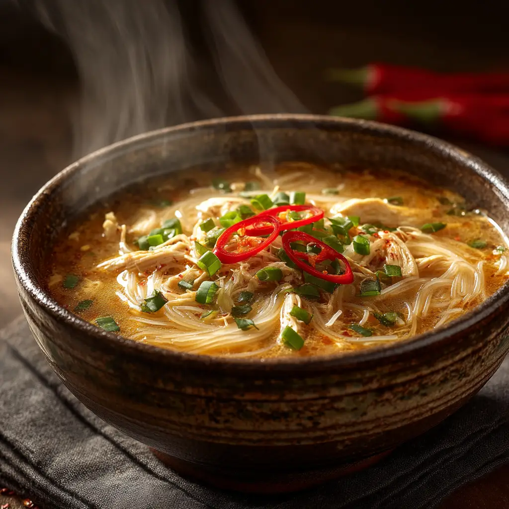 A comforting bowl of chicken noodle soup with ginger and garlic, garnished with fresh parsley.