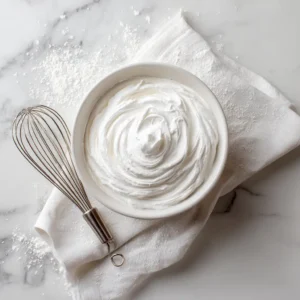 An overhead view of a white ceramic bowl filled with smooth confectioners' sugar icing, a key ingredient for powdered sugar frosting.