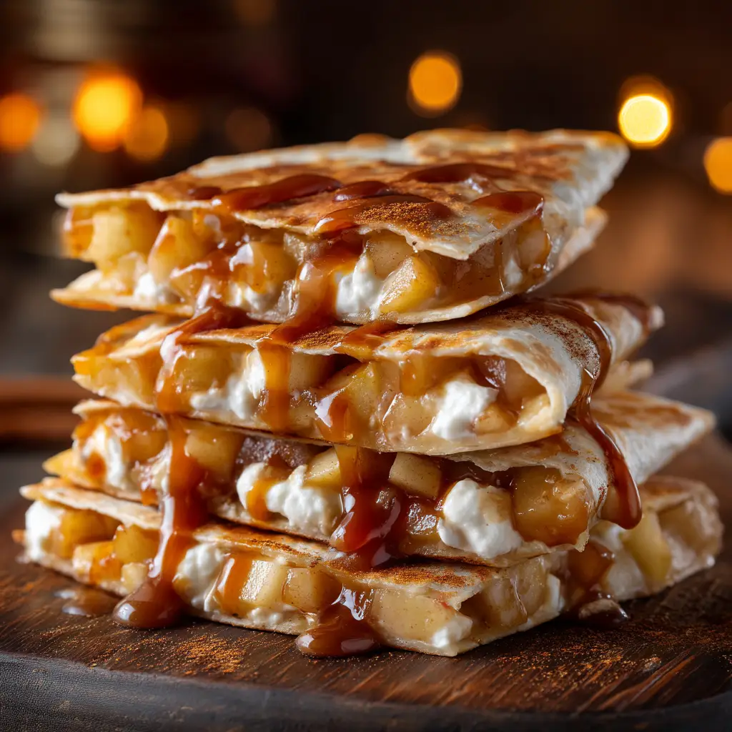 A stack of folded apple breakfast tortillas, filled with cinnamon apples and cream cheese, shown before being sliced into wedges.