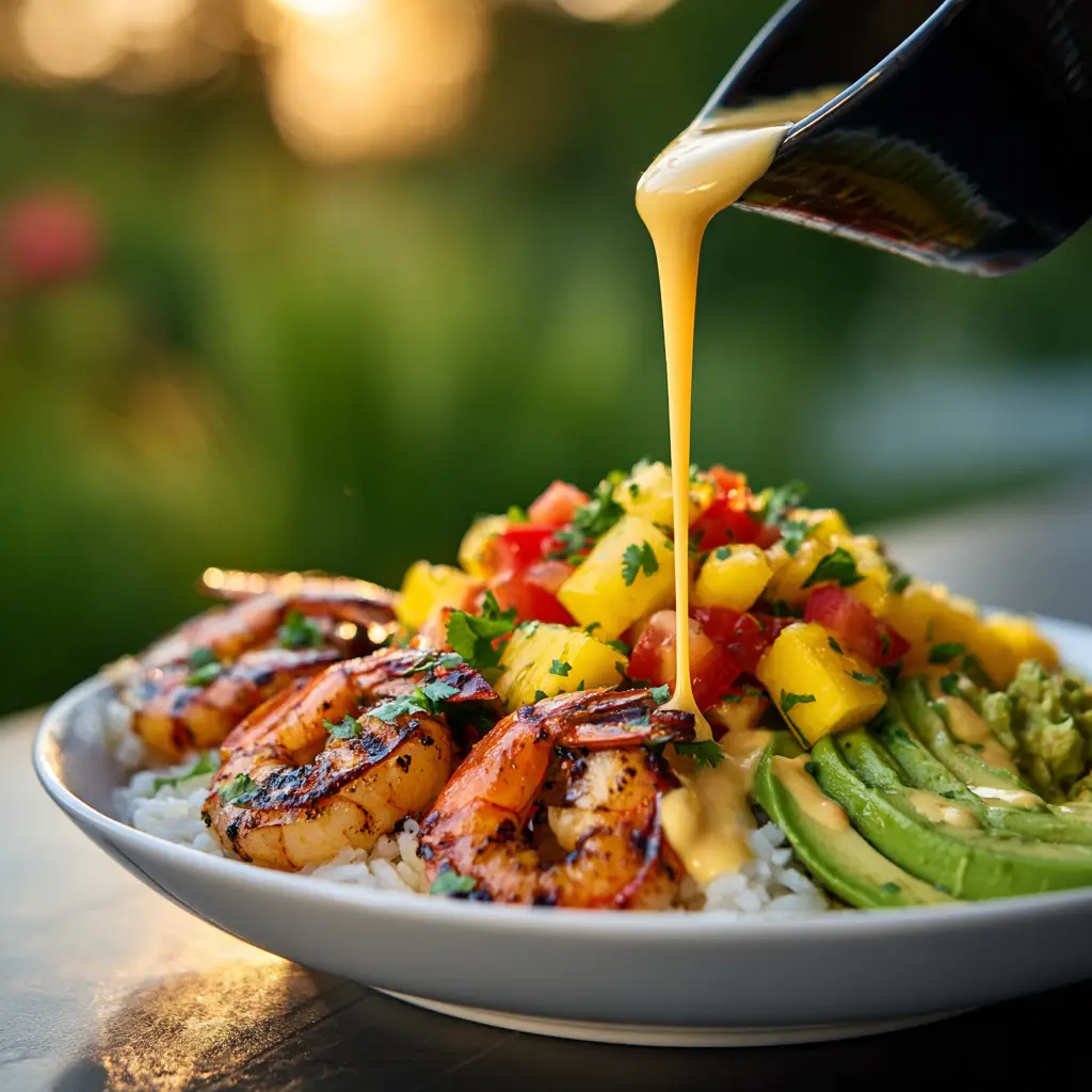 Perfectly seasoned and cooked shrimp in a skillet, ready to be added to avocado bowls.