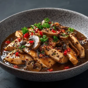 A close-up shot of savory black pepper chicken being stir-fried in a hot wok, showing the glossy sauce coating each piece.