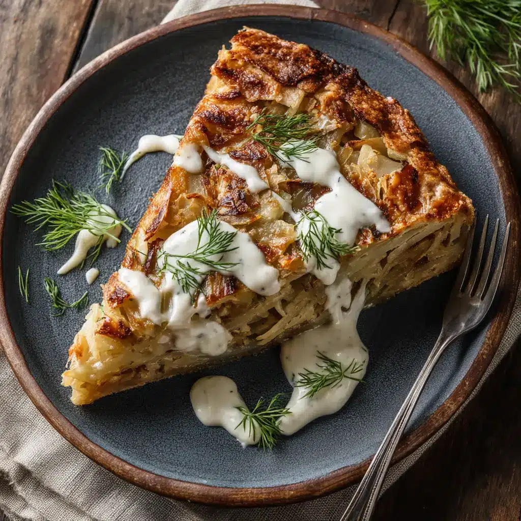 A close-up view of the savory cabbage pie filling being prepared in a skillet, with shredded cabbage and onions cooking down.