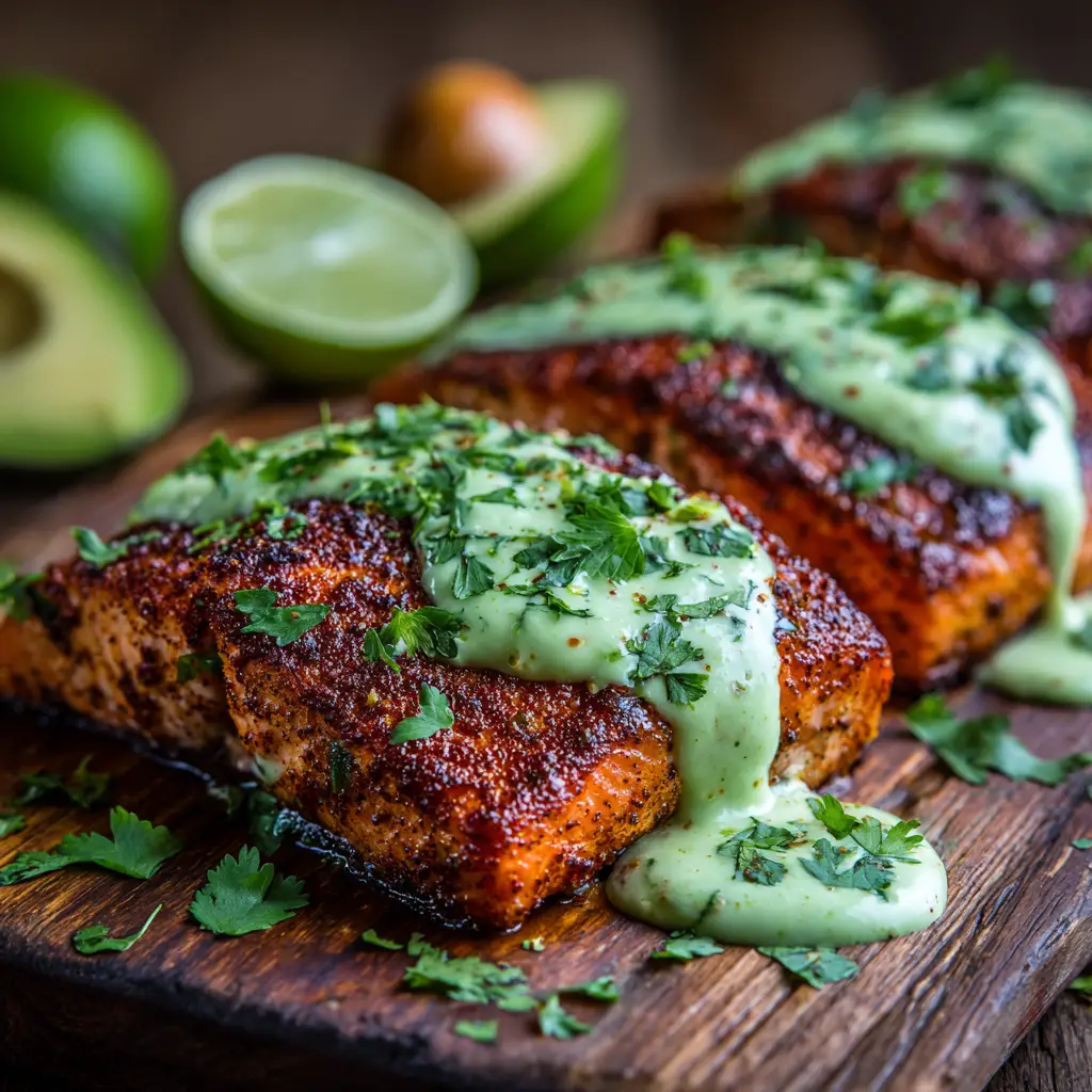 A close-up of multiple Cajun Salmon fillets being cooked in a pan with garlic butter sauce.