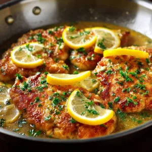 A close-up shot of chicken cutlets being pan-fried to a golden brown for a classic Chicken Francese dish.