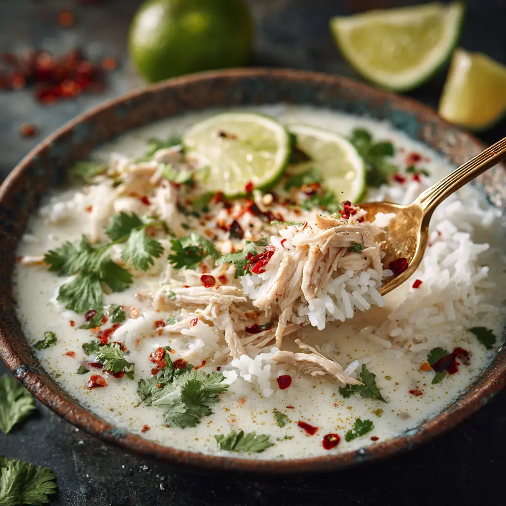Coconut Chicken and Rice (Creamy, One-Pan Recipe) 1 A step-by-step process shot showing the coconut chicken and rice simmering in a black cast-iron skillet before being covered.