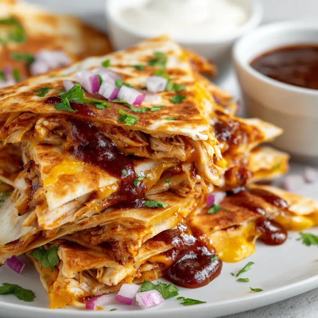 A pan-fried Hot Honey BBQ Chicken Quesadilla sizzling in a skillet, showcasing its crispy, golden-brown tortilla.