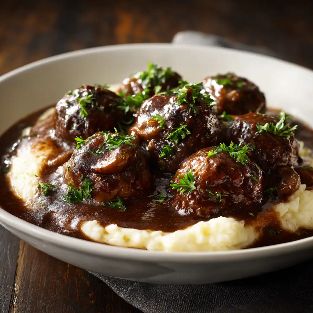 A step-by-step process shot showing the Salisbury Steak Meatballs simmering in the rich, brown mushroom gravy in a cast-iron skillet.