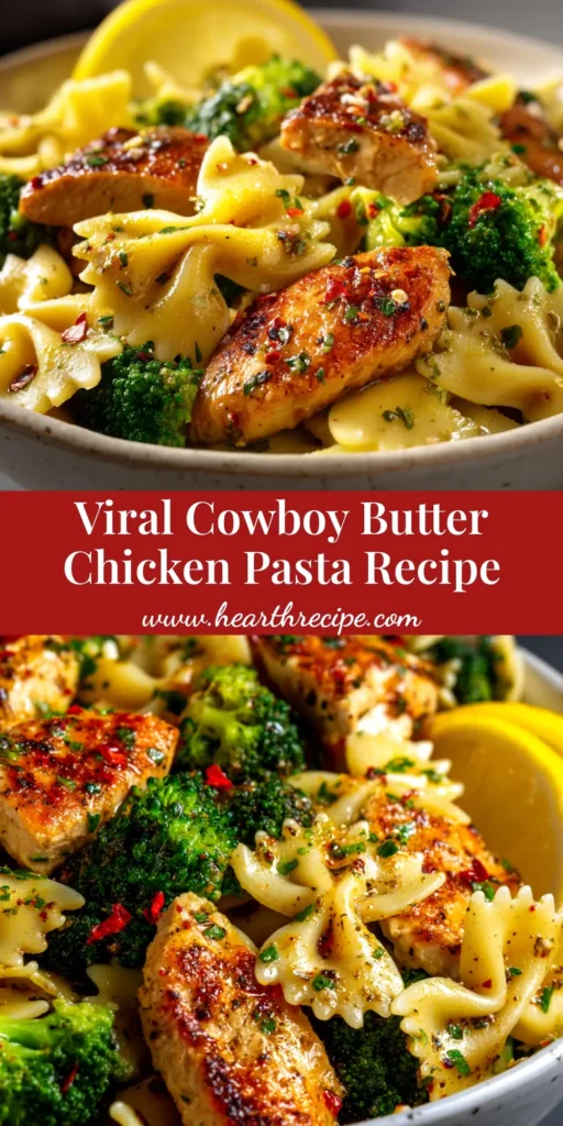 A skillet of delicious Cowboy Butter Chicken, with the juicy chicken breasts coated in a vibrant, herb-flecked butter sauce. A slice of lemon is visible on the side.