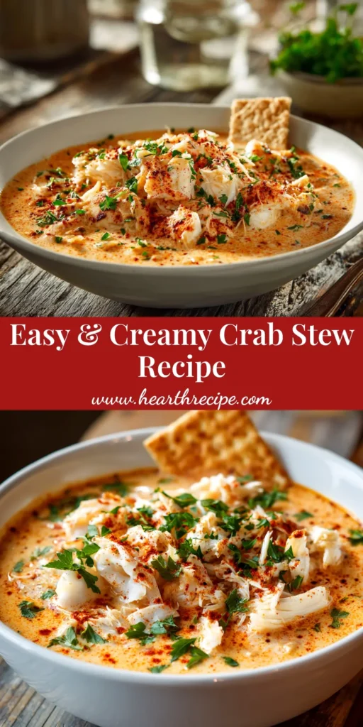A rich and creamy crab stew recipe served in a white bowl, garnished with fresh parsley and a side of crusty bread. The perfect comforting seafood meal.