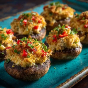A close-up shot of the savory jumbo lump crabmeat filling for stuffed mushrooms being prepared in a mixing bowl.