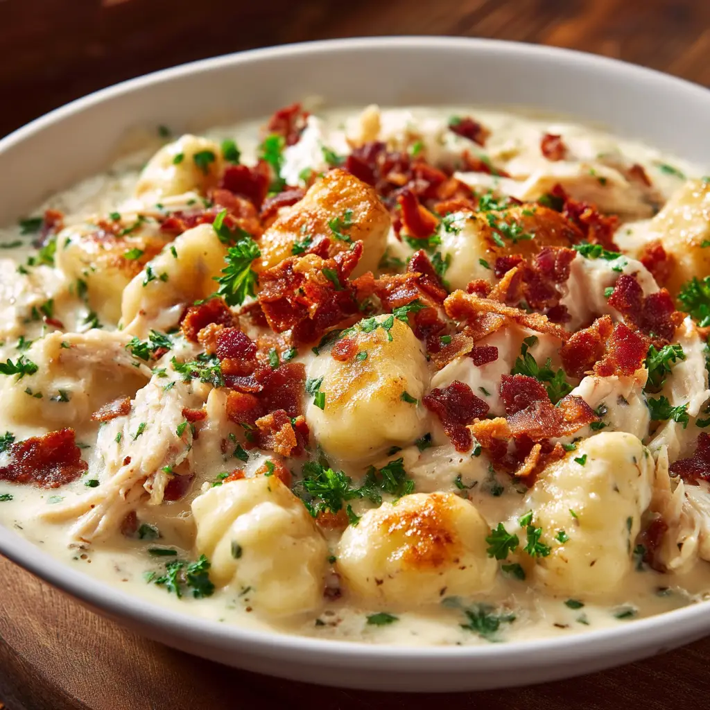 A spoonful of finished Crack Chicken Gnocchi being lifted from the pan, showcasing the melted cheese and crispy bacon bits.