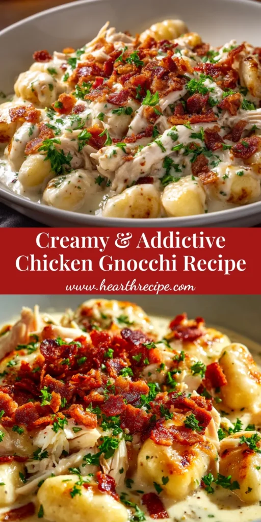 A skillet of creamy Crack Chicken Gnocchi topped with crispy bacon and fresh green onions, with a serving on a white plate.