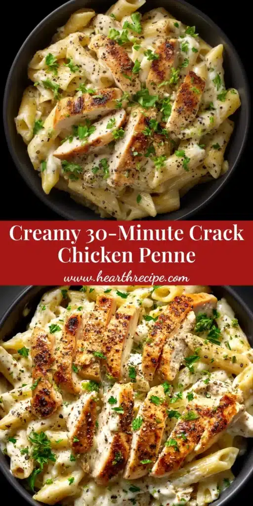 A large white bowl filled with creamy Crack Chicken Penne, garnished with crispy bacon and fresh green onions. The perfect easy weeknight dinner idea.