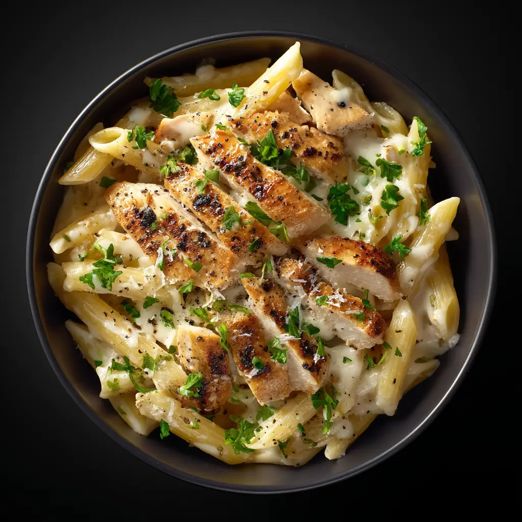 A close-up serving of Crack Chicken Penne on a plate. You can see the details of the chicken, bacon, and cheesy ranch sauce.