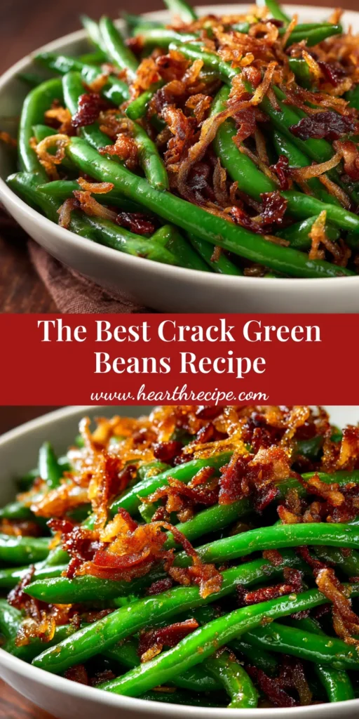 An overhead shot of a shareable platter of Crack Green Beans, featuring caramelized green beans tossed with crispy bacon pieces.