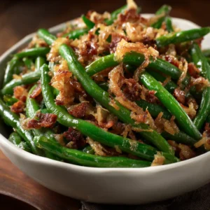 A close-up overhead view of Crack Green Beans in a white ceramic dish, showcasing the caramelized glaze and bacon bits.