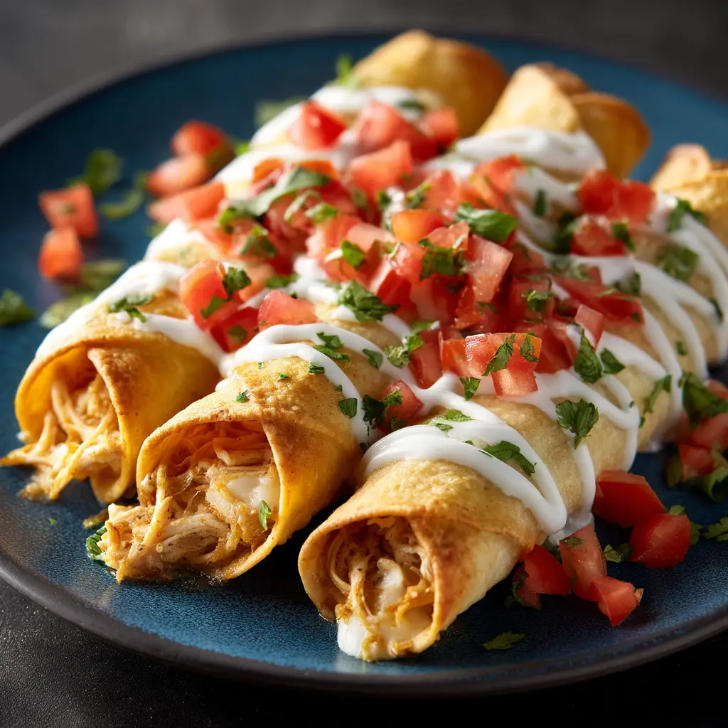 The creamy chicken and cheese filling for baked taquitos being mixed in a white bowl.