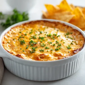 A bowl of creamy buffalo chicken dip being scooped with a tortilla chip, showing its rich and cheesy texture.