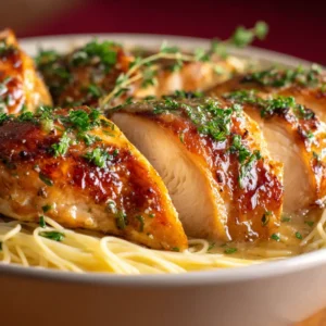An extreme close-up of the creamy baked chicken, highlighting the rich texture of the Italian cream cheese sauce and tender chicken.