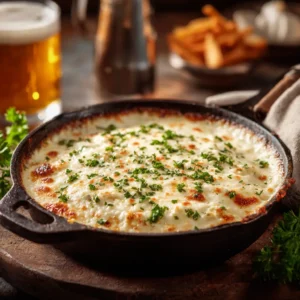 A close-up shot of creamy beer cheese dip in a rustic cast iron skillet, ready to be served.