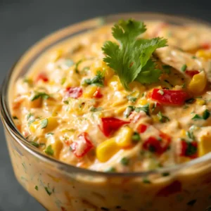 A close-up shot of creamy boat dip in a bowl, showcasing its thick texture and chunks of tomato and cheese.