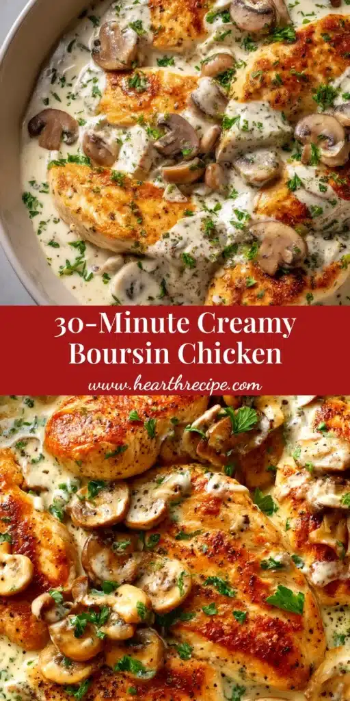 A skillet of creamy Boursin chicken with spinach and sun-dried tomatoes, ready to be served. The perfect easy 30-minute dinner recipe.