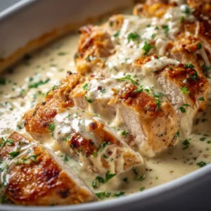 An extreme close-up of creamy Caesar chicken, showcasing the rich texture of the sauce and the perfectly cooked, juicy chicken breast.
