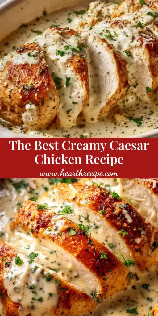 A stunning overhead shot of the finished Caesar Chicken recipe in a skillet, garnished with fresh parsley. The chicken is coated in a rich, creamy sauce, ready to be served.