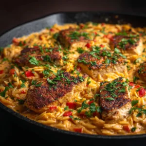 An extreme close-up shot of a forkful of creamy Cajun orzo with chicken, showing the rich texture of the Alfredo sauce and tender pasta.