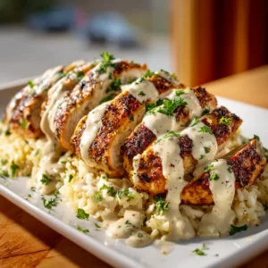 A close-up shot of the creamy Cajun chicken and rice skillet, showing the juicy chicken chunks and fluffy rice in a rich, orange-hued sauce.